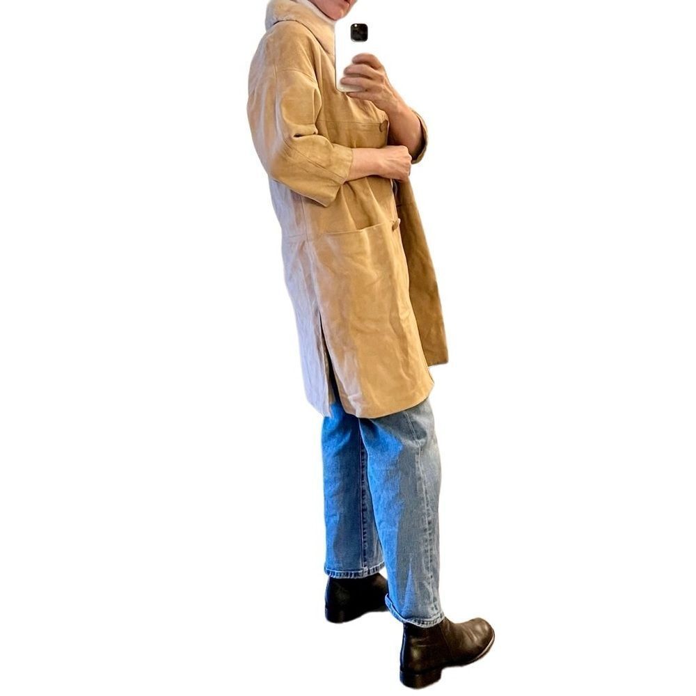 Vtg 50s Suede Leather Jacket Mink Fur Collar Cream 3/4 Sleeve Field Coat L - Picture 2 of 16